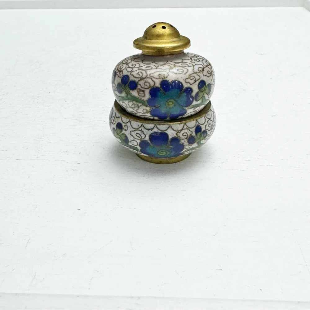 Blue Floral Cloisonné Salt and Pepper Shaker Cellar Vintage Stackable Brass